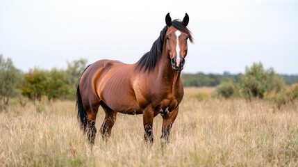 Chestnut stallion in field, autumn landscape, calm