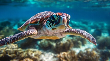 Fototapeta premium Green Sea Turtle Swimming in a Vibrant Coral Reef