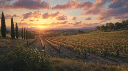 Obraz premium Serene Sunset Over Vineyard Landscape with Rows of Grapevines and Majestic Mountains in Background