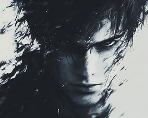 Fototapeta premium Dark, intense male figure, close-up, dramatic lighting, battle scene