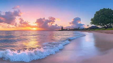 Fototapeten Breathtaking sunset scenery with gentle waves rolling onto a tranquil tropical beach under a vibrant sky filled with colorful clouds  Idyllic coastal landscape with a serene and peaceful atmosphere © Wilasinee