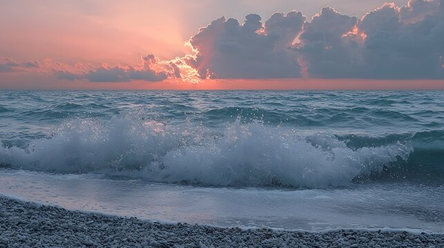 Breathtaking coastal sunset with dramatic clouds and crashing waves rolling onto the sandy shore creating a serene and peaceful natural landscape