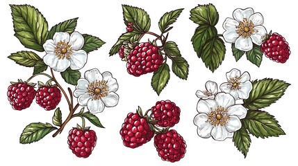 Detailed botanical raspberry and flower illustrations