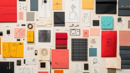 Vibrant Collection of Creative Artworks and Textures Displayed on a Wall for Inspiration, Focus on Colorful Papers and Hand-Drawn Illustrations