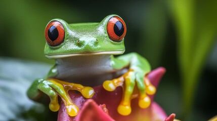Fototapeta premium Closeup of a Red Eyed Tree Frog on a Red Leaf