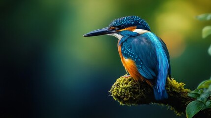 Fototapeta premium Vibrant Blue Kingfisher Perched on Mossy Branch