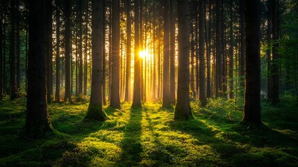 Enchanting Sunlit Forest Landscape at Serene Sunrise or Sunset  Bright golden sunbeams shining through the lush green foliage of a peaceful tranquil woodland scene