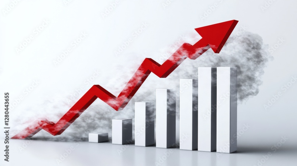 Poster dynamic upward trend graph with red arrow and white bars against a smoky background