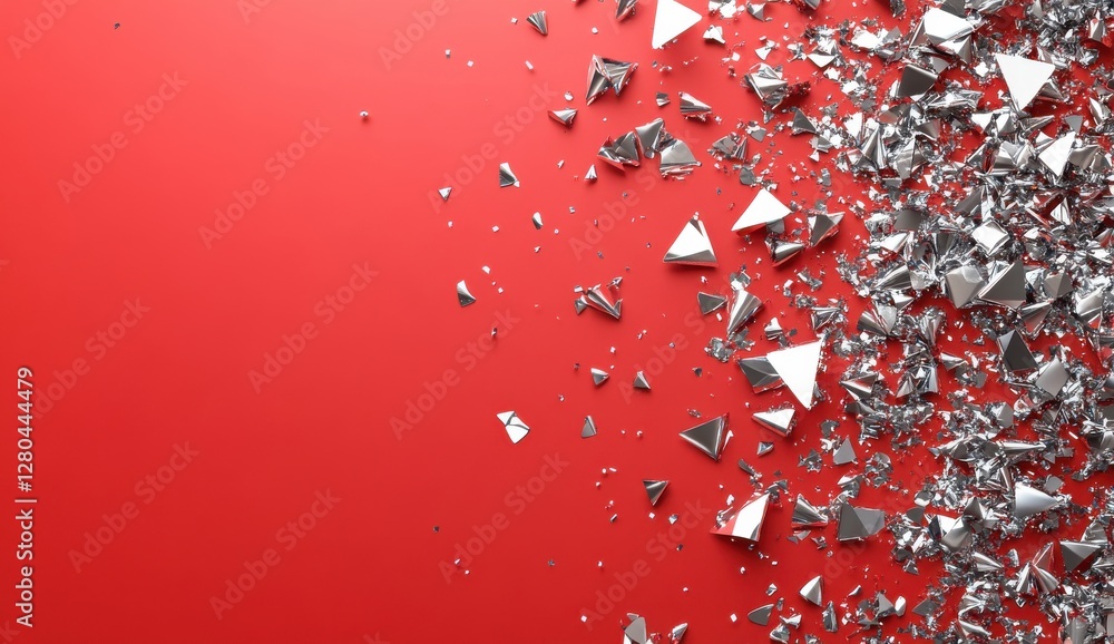 Poster silver metallic shards and fragments scatter on vibrant red background creating an abstract artistic