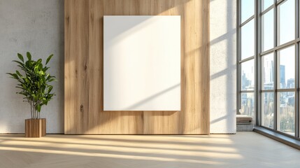 Fototapeta premium Modern minimalist room with blank canvas and plant