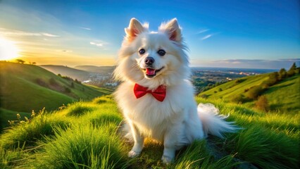 High-angle shot: cute, fluffy Spitz puppy sporting a bow tie.