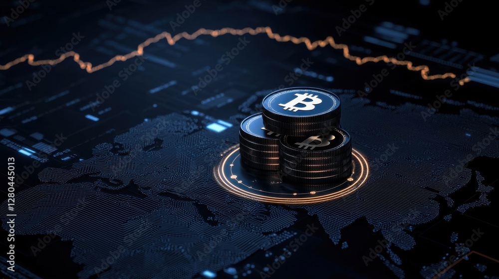 Poster digital cryptocurrency concept with bitcoin coins on a global map with financial data visualization 
