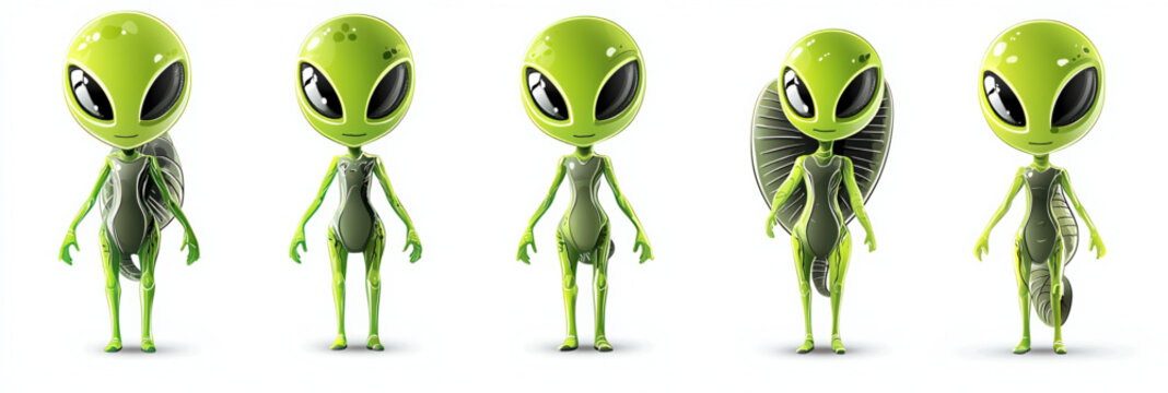 Extraterrestrial Envoys: A playful gathering of stylized, green alien characters, exuding a sense of whimsical curiosity. Their smooth forms and large eyes spark the imagination