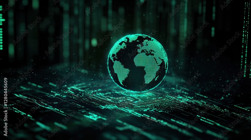 Poster futuristic digital globe surrounded by data streams and matrix-like background representing global c