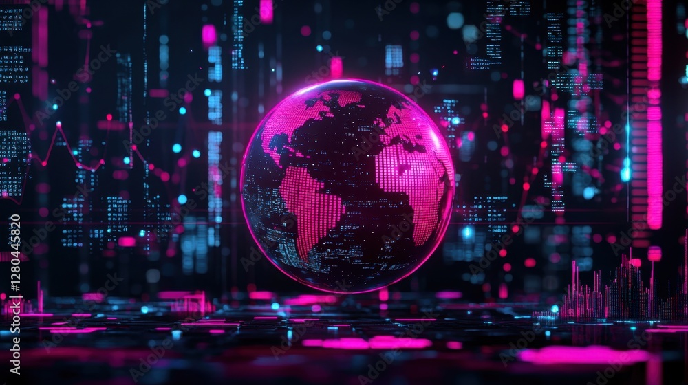Aufkleber abstract digital earth globe in vibrant pink and blue colors overlaid with futuristic data patterns 