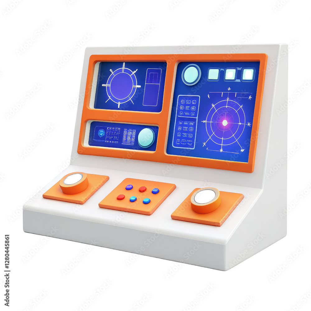 Poster futuristic control panel with screens and colorful buttons.