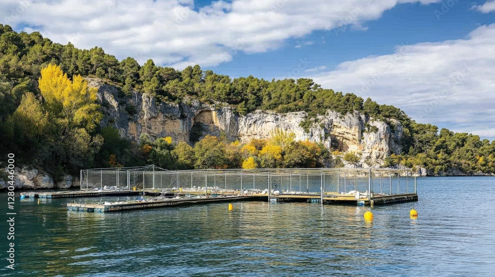 Poster scenic view of a serene lake with a floating dock and autumn foliage in the background