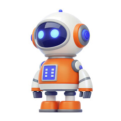 Cute, cartoonish robot with blue lights and orange accents.