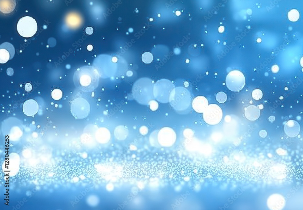 Poster soft blue background with bokeh lights and sparkling particles in magical dreamy atmosphere for crea