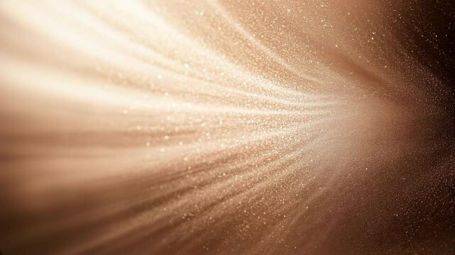 A stunning display of golden particles flows through the air inside a dimly lit venue, captivating onlookers with its magical ambiance during an art installation, mocha color background