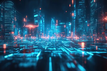 Futuristic city, digital lines, night, data flow, technology