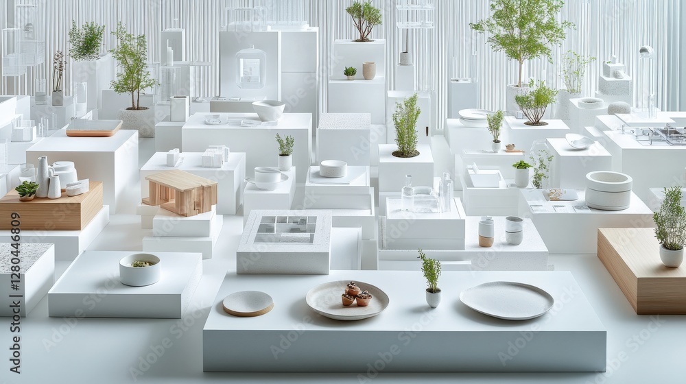 Poster minimalist display of white geometric structures with plants and tableware in a bright studio