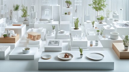 Minimalist display of white geometric structures with plants and tableware in a bright studio