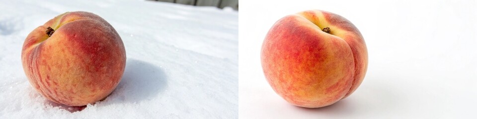 A peach resting on snow, contrasting its vibrant color against the winter backdrop.