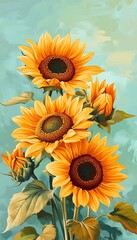 Obraz premium Painted sunflowers bouquet, teal backdrop, summer scene