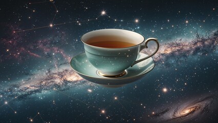 Fototapeta premium Surreal tea cup and saucer in space, whimsical and cosmic atmosphere