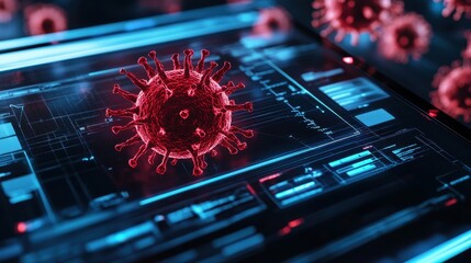 Pandemic Digital Analysis: A stark visual of a digital interface displaying data analysis related to a virus, offering insights into the spread of the pandemic.