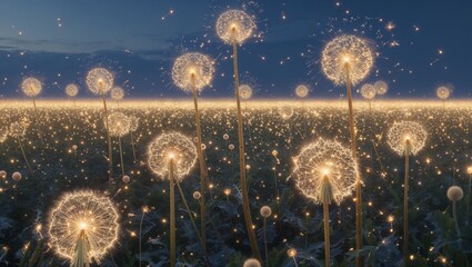 Surreal field of glowing dandelions under the night sky, magical and ethereal dreamscape backdrop