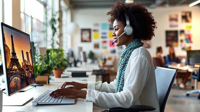 A dedicated customer service representative interacts with clients through a headset at a stylish office, featuring a beautiful Paris skyline on the monitor.
