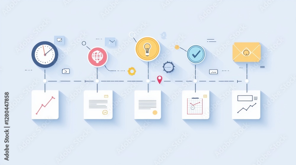 Poster infographic showing steps of workflow process with icons and timelines for productivity increase and
