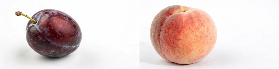Fototapeta premium A ripe peach and a dark plum side by side, showcasing their distinct colors and textures.