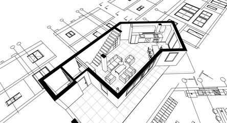 architecture sketch of a residential building 3d