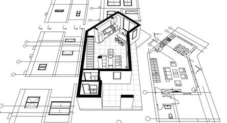 Fototapeta premium architecture sketch of a residential building 3d