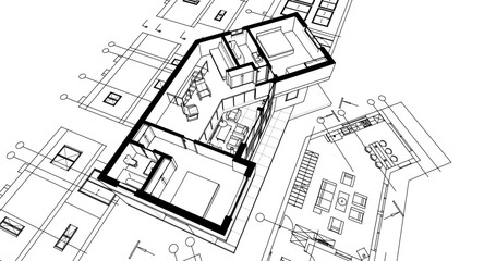 Fototapeta premium architecture sketch of a residential building 3d