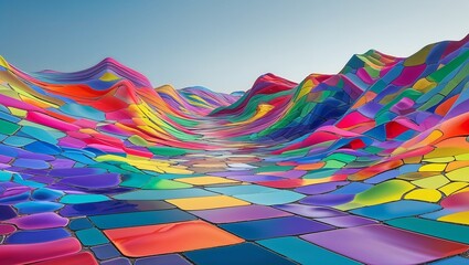 Fototapeta premium Surreal landscape of hills made of multi-colored plates, vibrant and abstract fantasy backdrop