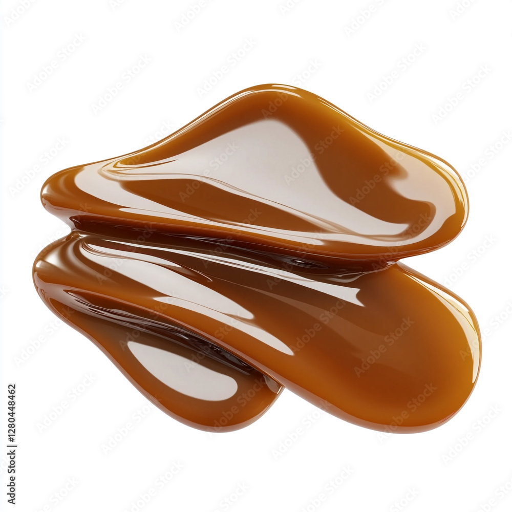 Wall mural Abstract form of swirling amber-colored liquid with glossy surfaces, resembling thickened dessert syrup against a white background.