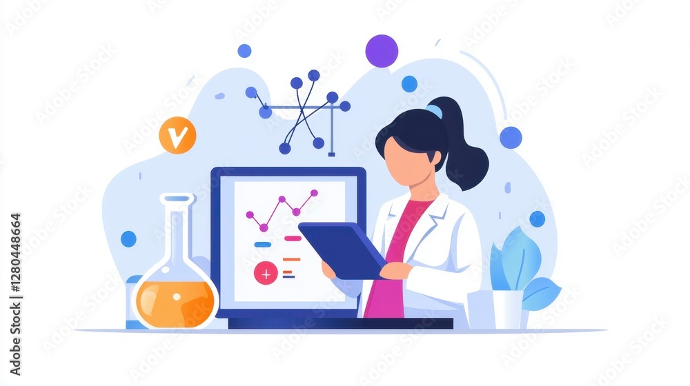 Poster scientist analyzing data on tablet in laboratory environment with chemical flask and molecular graph