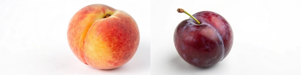 A ripe peach next to a dark plum, highlighting their contrasting colors and textures on a white background.