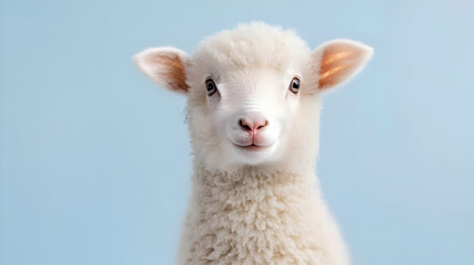 Fototapeta premium Cute lamb portrait, light blue background