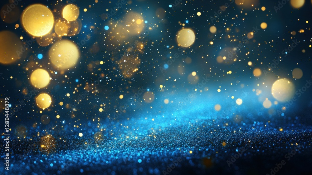 Poster abstract background with shimmering golden and blue particles creating a dreamy atmosphere