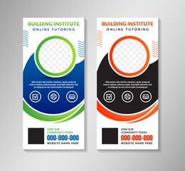 Vector perfect business marketing banner set. circle shape for photo space. abstract roll up banners design template with headline is building institute. isolated on white background.