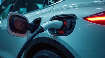 Naklejka premium Modern Electric Car Charging at a Sleek Charging Station