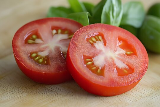 Fresh tomato halves on wooden board with basil