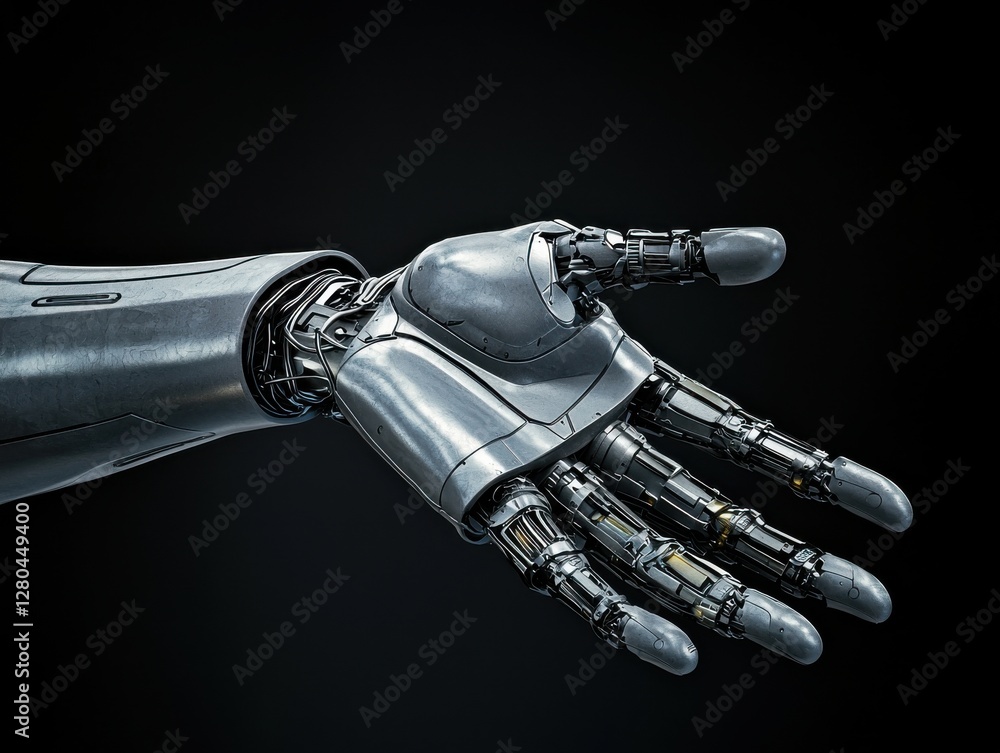 Poster a close-up view of a robotic hand displaying intricate mechanical details and a sleek design against