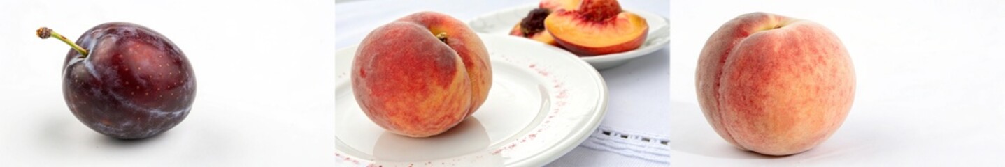 A single plum and peaches on a plate create an inviting, fresh fruit display.
