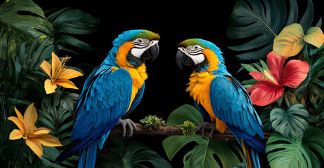 Obraz premium Two colorful macaws sit on a branch, surrounded by lush green leaves and bright tropical flowers. This setting evokes a serene vacation atmosphere in the heart of the tropics.